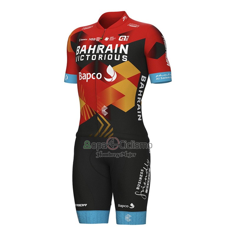 Bahrain Victorious Ropa Ciclismo Culotte Corto 2023 Mangas Cortas Negro Rojo